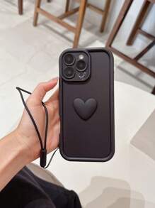 1 pieza Funda de teléfono con forma de corazón negro + 1 pieza Cordón de silicona negra, compatible con iPhone 11, 12, 13, 14, 15, 16 Pro Max, S25 Ultra, S24 Plus, A53