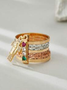 1pc Handmade Tri-Color Virgin Mary Semanario Layered Ring With Random Gemstone Colors Virgen De Guadalupe Anillo With Zirconia Cross Charm Suitable For Gifts, Friends, Daily & Holiday Wear