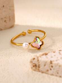 Anillos de acero inoxidable con pequeñas mariposas azules y flores, anillo de color dorado impermeable para mujeres, joyería de perlas falsas para boda, accesorios para vacaciones, regalo para mamá/mejores amigas/hija