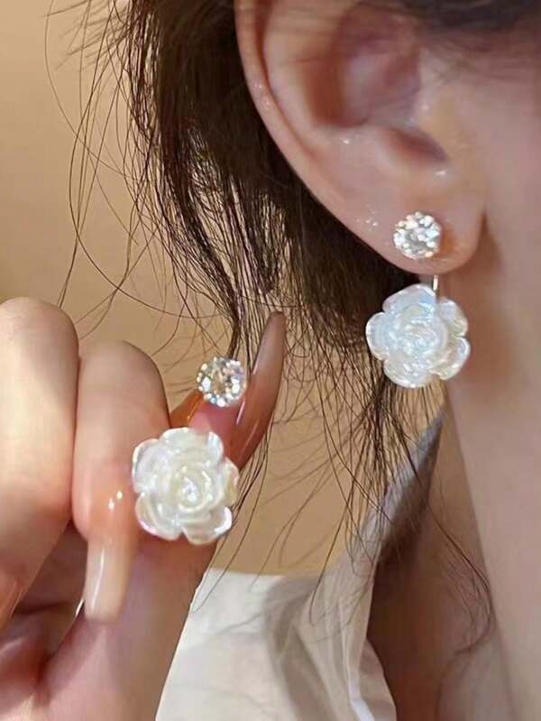 1 par de pendientes de flor de resina de circonita estilo retro francés para mujeres, de estilo minimalista y versátil