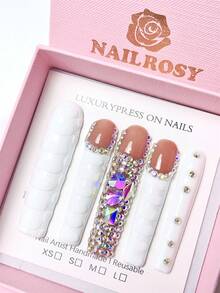 nailrosy 10Pcs Handmade Press On Nails Kit Extra Long Square White Line Art Bling Glitter Glistening Iridescent Luxurious Rhinestone Decor Christmas Wedding Birthday Party Acrylic Nail Supplies Press On Acrylic Nail Tips - White - View 1