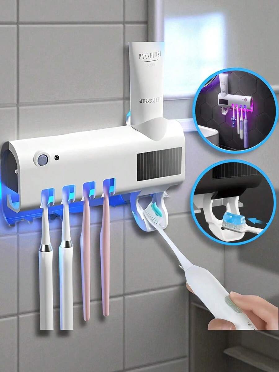 Automatic Toothpaste Dispenser, UV Light Toothbrush Holder, Eliminates Bacteria - White - View 1