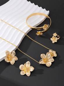 1 套优雅花卉主题女士手链、戒指、项链和耳环首饰，情侣度假风格礼物（无礼盒） - 金黃色 - 查看 4