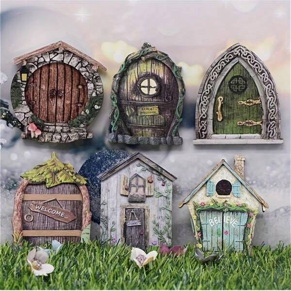 6pcs/Set Mini Wooden 3D Elf Door, Miniature Scene, Double-Layer Fairy Tale Door, Tiny Accessories, Photography Props, Collector's Gift For Miniature Enthusiasts