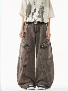 1 件街头正义风格工装牛仔裤，男士宽腿宽松休闲裤，带多个口袋 - 灰色 - 查看 2