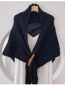 1 件女士保暖针织围巾，带流苏饰边和纽扣，披肩，米色，配饰，女士