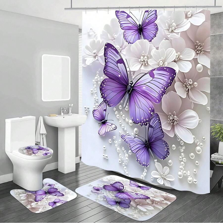 4pcs White Flower Purple Butterfly Shower Curtain Decoration Set, Modern Personality Shower Curtain Set, Bathroom Mat, Toilet Cover Blanket, Non-Slip U-Shaped Mat, Bathroom Partition Curtain, Home Decoration Accessories, Bathroom Decoration Set, Free 12 C-Hooks - 彩色 - 查看 1