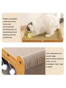 2 en 1 Casa y Rascador para Gatos, 1 Set de Cama de Madera con Rascador para Gatos, Cartón Resistente con Juguetes Colgantes, Cama Multifuncional para Gatos Adecuada para Múltiples Gatos con Zona de Descanso y Zona de Actividad, Estructura Resistente al Rayado, Fácil Montaje, Comodidad para Todas las Estaciones, Regalo Perfecto para Amantes de las Mascotas, Juguetes para Mascotas, Suministros para Mascotas