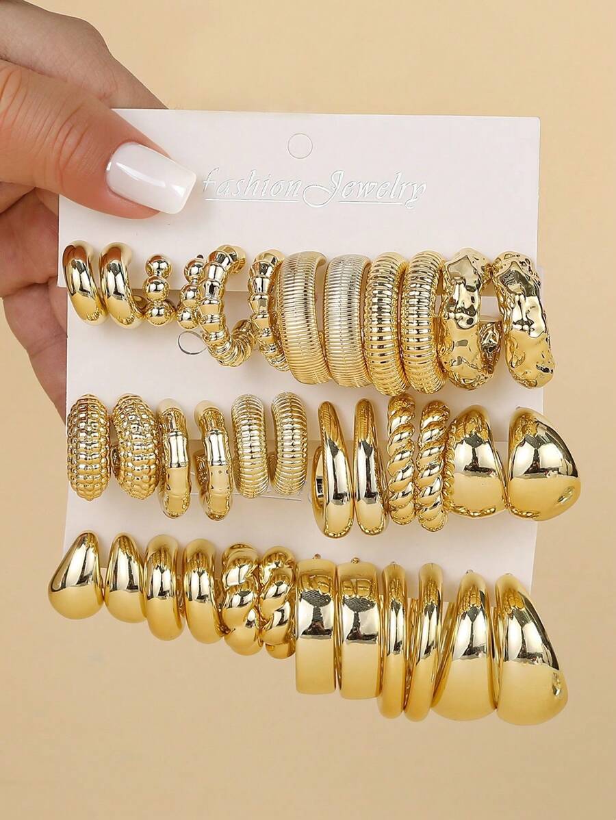 1-18pairs Fashionable Big Size Glossy Gold Spray-Coated ABS Plastic Earring Set, Skin-Friendly, Minimalist Geometric Earrings For Ladies'All-Day Wear