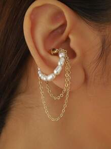 1pc Magnetic Pearl Tassel Clip-On Earrings, Stylish Bone Clip Ear Cuff, Suitable For Daily, Party, Music Festivals