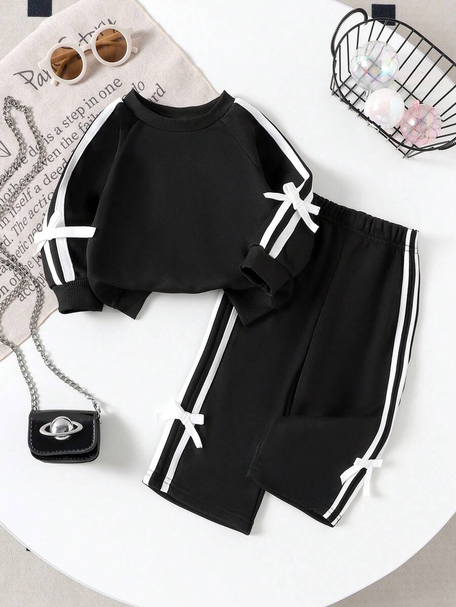 2 件女婴休闲宽松长袖运动衫 + 长裤套装，中等重量，春秋季 - 黑色 - 查看 1