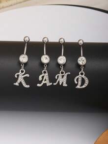 1 件时尚经典 26 个字母形状不锈钢水钻肚脐环，简约风格身体穿孔首饰适合女性日常、海滩、旅行