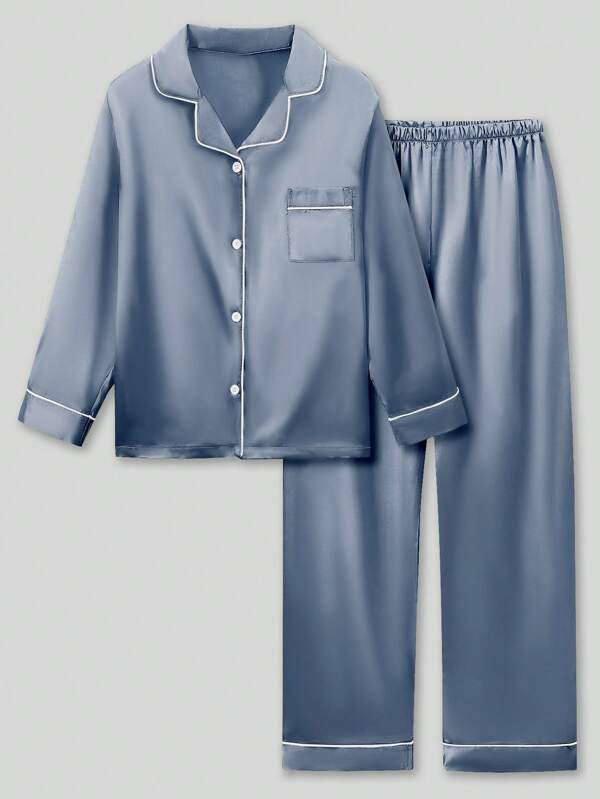 Set de 2 piezas de pijama de manga larga en azul marino y gris para niño preadolescente