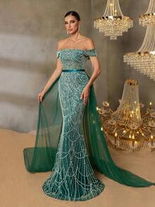 Elisanya Váy dài đuôi cá lấp lánh hở vai Haute Glamour với đuôi váy bằng vải tuyn quá khổ và dây buộc eo - Váy dạ hội Maxi thanh lịch cho các sự kiện trang trọng, lễ kỷ niệm đặc biệt và tiệc sang trọng - Màu xanh lá cây đậm - Xem 6