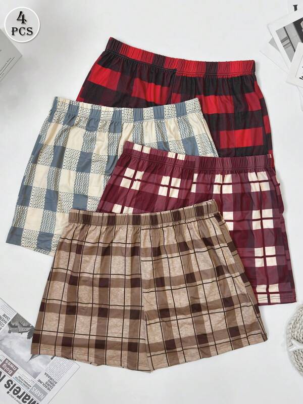 4 pièces Shorts de pyjama/sous-vêtements amples à taille élastique respirants avec imprimé à carreaux pour hommes, ensemble de shorts de détente confortable
