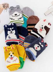 5 pares de calcetines de media caña para mujer con patrones de perros de dibujos animados, resistentes al olor, que absorben la humedad, suaves y cómodos, adecuados para deportes al aire libre/fiestas y uso diario. Calcetines cortos transpirables con lindos patrones de perros de dibujos animados.