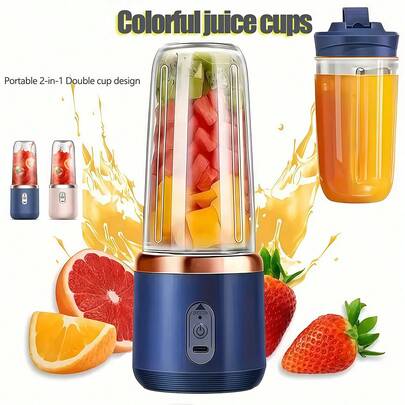 A Portable Dual-Cup Electric Juicer With Wireless Rechargeable Mixing Cups Is A Mini Juice Blender Suitable For Smoothies, Vegetables And Fruits. It Is A Button-Controlled USB Charging Home Juicer That Is Convenient To Carry When Going Out For Meals Or Camping