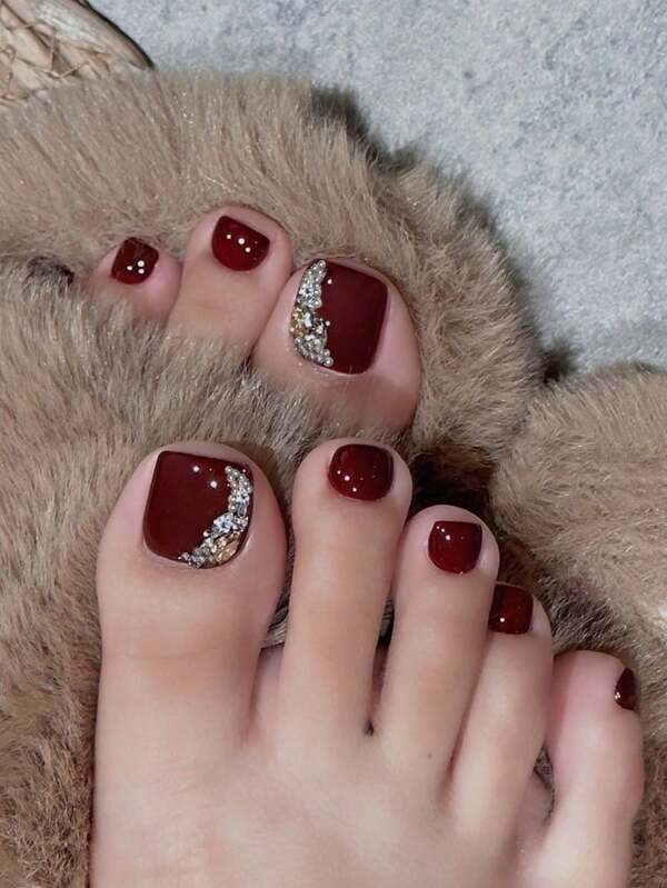 24Pcs/Set Wine Red Square Press On Toenails Tips With Rhinestone Design Toenail , Contain 1pc Jelly Glue And 1pc Nail File, Suitable For Women & Girls Daily Use In Summer