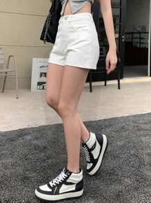 Women's High Waist Straight Leg Denim Shorts, Casual Solid Color