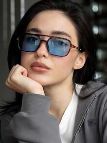 1 件女士时尚镂空豹纹方形小框时尚眼镜，优雅复古欧美户外、旅行、派对、遮阳飞行员形状墨镜 - 淺藍色 - 查看 4