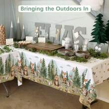 L3Pcs Woodland Baby Shower Decorations Tablecloth Baby Boy Large Size 54 X 108 Inch Rectangular Plastic Table Cloth Forest Animals Mountain Wildern Theme Decor5001 - màu xanh lá - Xem 4