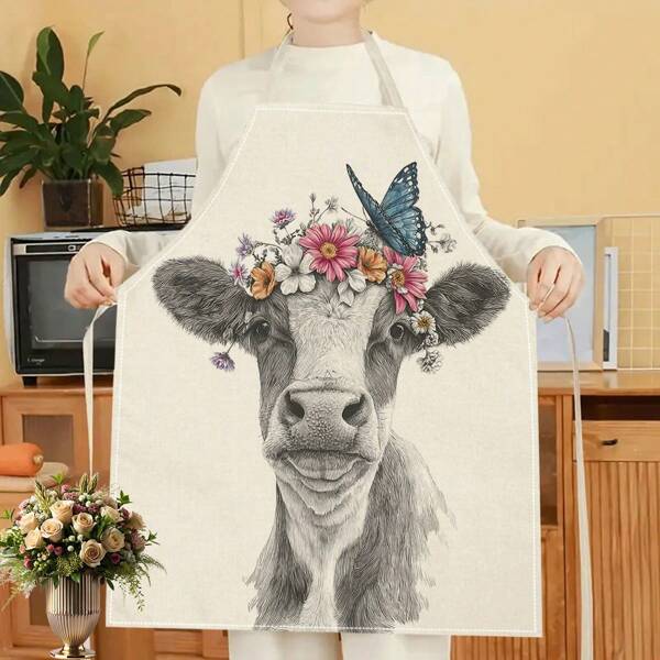 1pc 2D Flat Printed Butterfly Cow Linen Apron For Home Cooking, Kitchen Wear And Cooking Enthusiasts