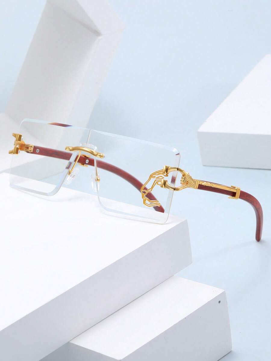 全新时尚金属方形无框个性化无度数眼镜，男女通用日常简约百搭极简休闲街头派对户外活动无度数眼镜 - 金色 - 查看 1