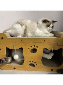 2 en 1 Casa y Rascador para Gatos, 1 Set de Cama de Madera con Rascador para Gatos, Cartón Resistente con Juguetes Colgantes, Cama Multifuncional para Gatos Adecuada para Múltiples Gatos con Zona de Descanso y Zona de Actividad, Estructura Resistente al Rayado, Fácil Montaje, Comodidad para Todas las Estaciones, Regalo Perfecto para Amantes de las Mascotas, Juguetes para Mascotas, Suministros para Mascotas