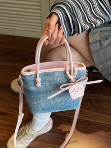 1 pieza (7.1 pulgadas*6.7 pulgadas*3.1 pulgadas) Bolso de mano de mujer, bolso de hombro, bolso cruzado, bolso de mensajero, mini bolso, material resistente, adecuado para compras, citas, salidas, viajes al trabajo, correa ajustable, decoración de lazo y perla linda, bolso casual elegante de color block
