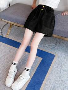 1pc Tween Girls Black Denim Shorts, Summer - Black - View 4