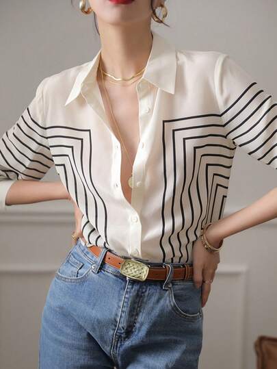 YUXIN Women's Spring/Autumn Geometric Striped Silk Blouse, Long Sleeve Fitted Collared, Breathable & Fashionable, Suitable For Office/Light Social Occasions