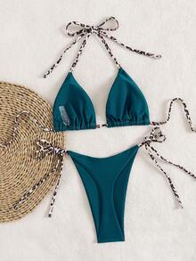 Bộ bikini hai mảnh buộc dây cổ, in họa tiết da báo, gợi cảm dành cho nữ, thích hợp cho kỳ nghỉ hè ở bãi biển. - Màu xanh bụi bặm - Xem 3