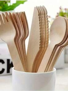 25/50/100 Stücke hochwertiges Besteckset aus Holz, bestehend aus Messer, Gabel, Löffel, Salatgabel und -löffel, geeignet für Partys, Hochzeiten, Wohndekoration, Eislöffel, Kuchengabeln, Salat- und Dessertgabeln, Küche, Weihnachtsgeschenke