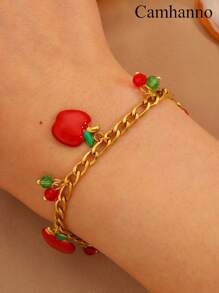 Camhanno 1 pièce Bracelet doux en acier inoxydable doré au design unique, pendentif de fruits mignons et frais, accessoire de bijoux, cadeau, style décontracté, accessoire de bijoux polyvalent pour toutes les saisons