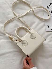 Bolso de mano de mujer de unicolor de tela de PU, estilo mini, informal, elegante para universidad, fiesta, calle, viaje, versátil - Blanco - Ver 4