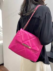 纯色 PU 面料刺绣休闲女士单肩包，适合派对、街头、旅行 - 玫紅色 - 查看 6