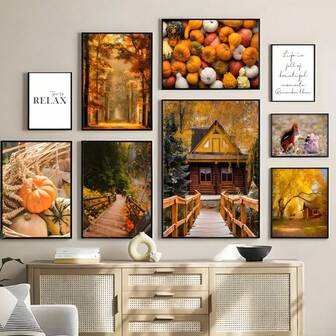 1pc Wall Arts Posters Optional Frame Travel Autumn Decoration Canvas Poster Yellow Leaves Fall View Wall Art Print Pumpkin Painting Halloween Picture Living Room Home Decor