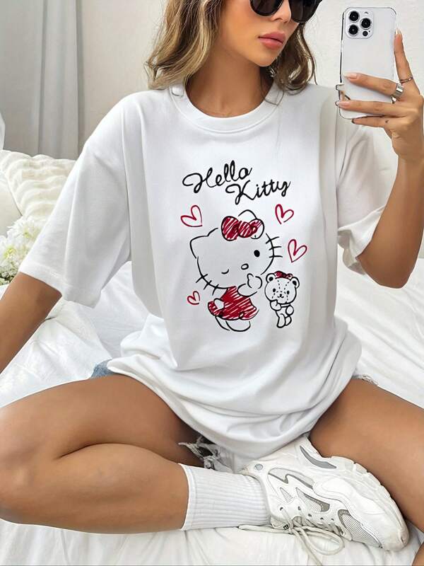 Sanrio Sanrio Hello Kitty Printed Women's T-Shirt, Cartoon White Round Neck Short-Sleeved Home Wear Top, Large Size Loose And Comfortable Couple Pajamas, Summer Casual Vacation Clothes, Suitable For Birthday Parties, Christmas, Valentine's Day, Halloween, Thanksgiving Gifts