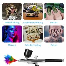 带压缩机的喷枪套件，便携式自动手持喷枪，0.35 毫米笔尖，34Psi 气压，可充电压缩机，用于绘画、纹身、模型着色和蛋糕装饰 - 黑色 - 查看 6