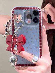 INS Korean Sweet Red Floral Blue Phone Case + 3D Bow Heart Pendant Compatible With IPhone 16 15 14 13 12 11 Pro Max Plus Lovely Adorable Girl Soft Back Cover