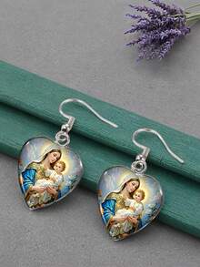 1 对圣母玛利亚印花玻璃和不锈钢耳坠，耶稣圣母心形女款 - 彩色 - 查看 11