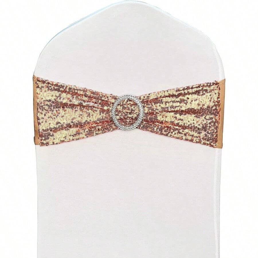 QY Chair Sashes Sequin Stretch Chair Bands Spandex Polyester Bows For Party Hotel Wedding Banquets Decoration 6 Pcs Rose Gold 1439 - Vàng hồng - Xem 1