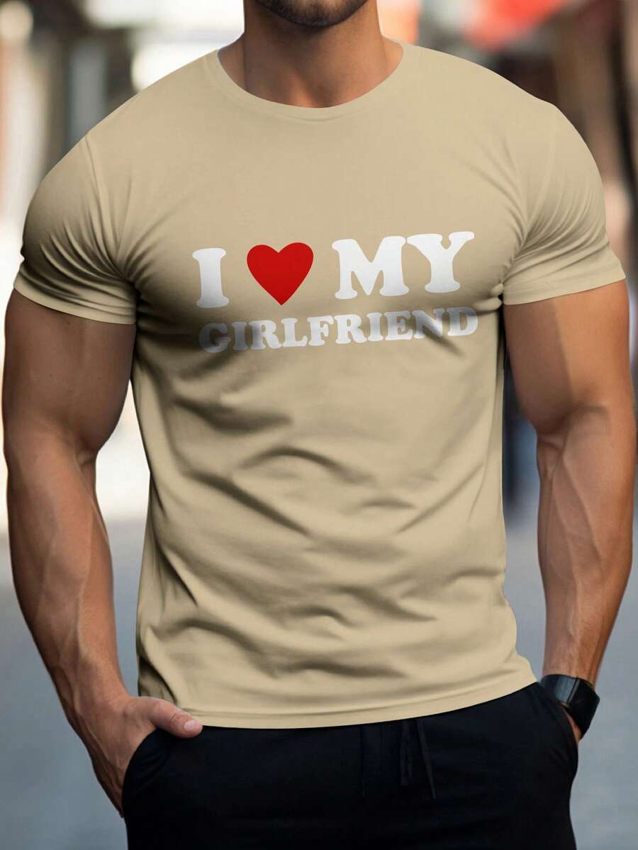 Men Summer Short Sleeve Casual T-Shirt With Round Neck T-Shirt - Versatile & Comfortable,Heart & Slogan Valentine's Day I Love My Wife I Love My Girlfriend Boyfriend Style Casual Wear For Spring/Fall Outdoor Sporty Clothes - Khaki - View 1