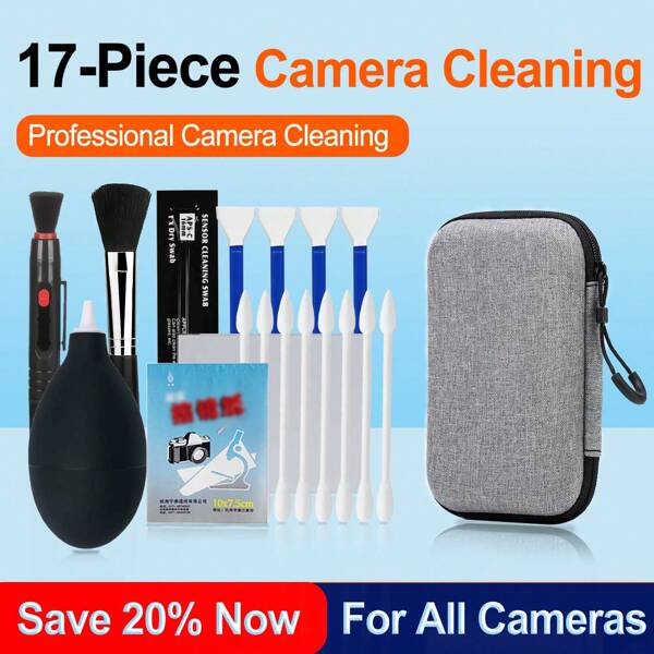 Kit de nettoyage pour appareil photo 17 pièces, nettoyant professionnel pour objectif pour DSLR, sans miroir, smartphone - comprend brosse, souffleur, chiffon microfibre, solution - pour tous les appareils photo et objectifs