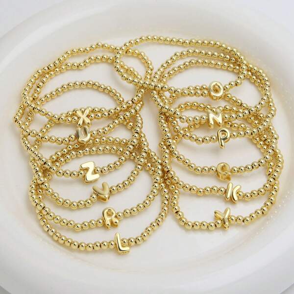 Simple And Casual Gold Color Copper 26 English Letters 4mm Beads Bracelet Women Girls Daily Wearing Jewelry