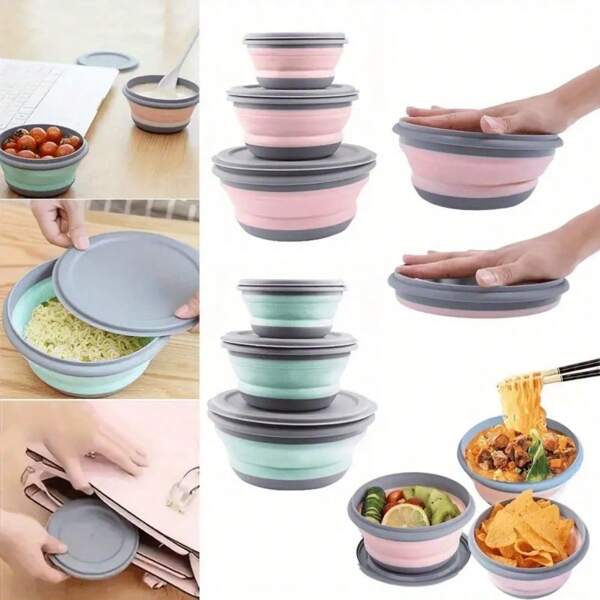 Tigela dobrável de silicone para camping com tampa - Lancheira expansível e recipiente para salada para viagens, escritório, atividades ao ar livre | Caixa Bento durável e à prova de vazamentos para armazenamento de alimentos, lancheira de viagem | Recipiente empilhável | Silicone durável, volta às aulas