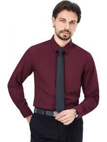 Men's Dress Shirts Solid Long Sleeve Stretch Wrinkle-Free Formal Shirt Business Casual Button Down Topshalloween - 酒紅色 - 查看 10