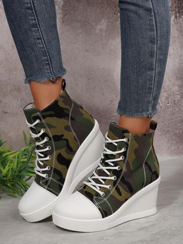 Military Style Platform Increase Height Women's Shoes, Korean Retro Vintage Canvas High-Top Wedge Sneakers, Plus Size