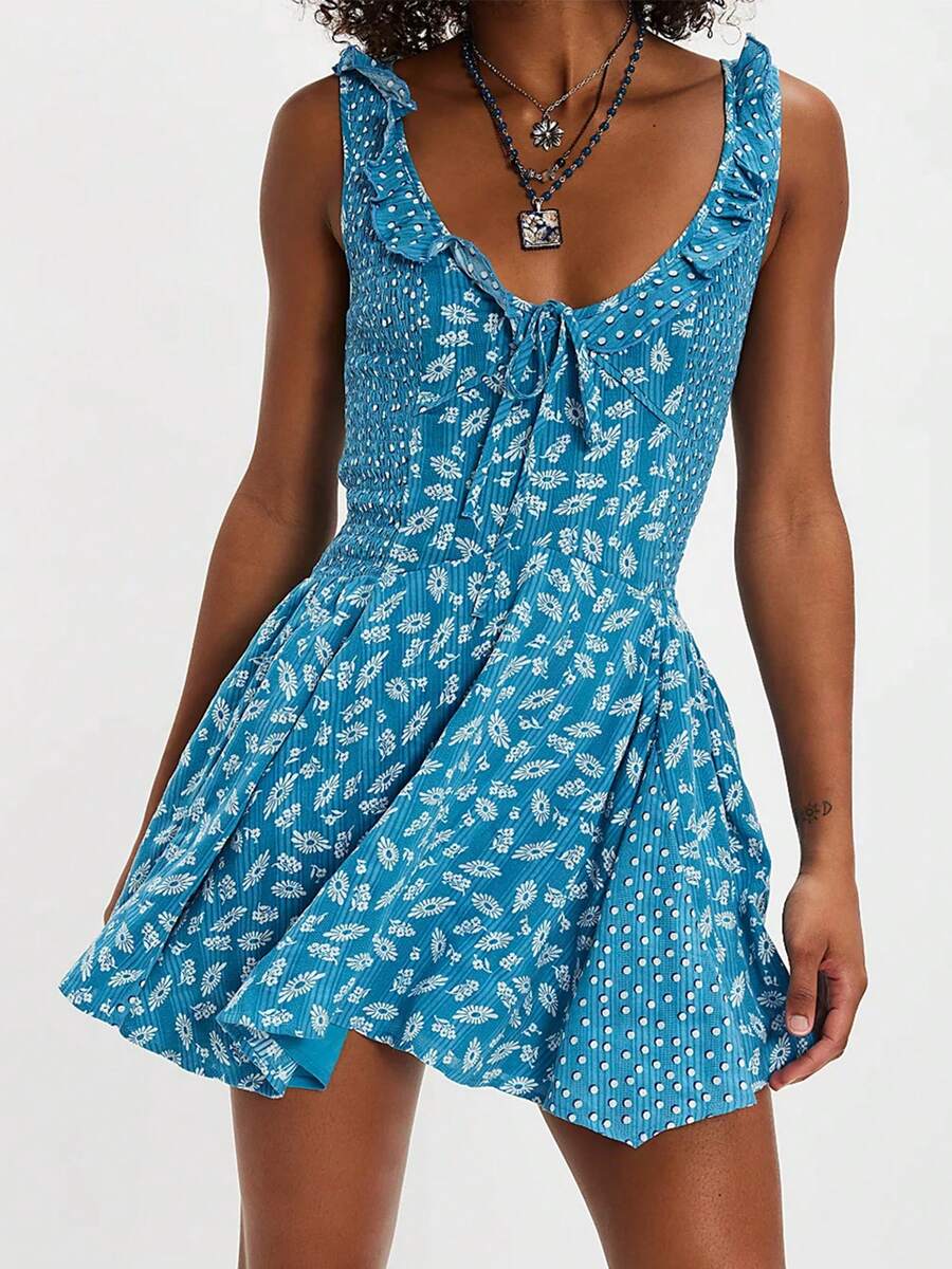 Womens Sleeveless V Neck Floral Boho Dress Ruffle Trim Back Tie Smocked Summer Beach Mini Flared Tank Dress - Màu xanh lam - Xem 1