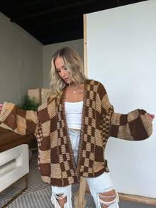 Vivid Style Women's Checkered Knitted Cardigan, Lantern Sleeve Relaxed-Fit Oversized Jacket, Retro Autumn/Winter Sweater